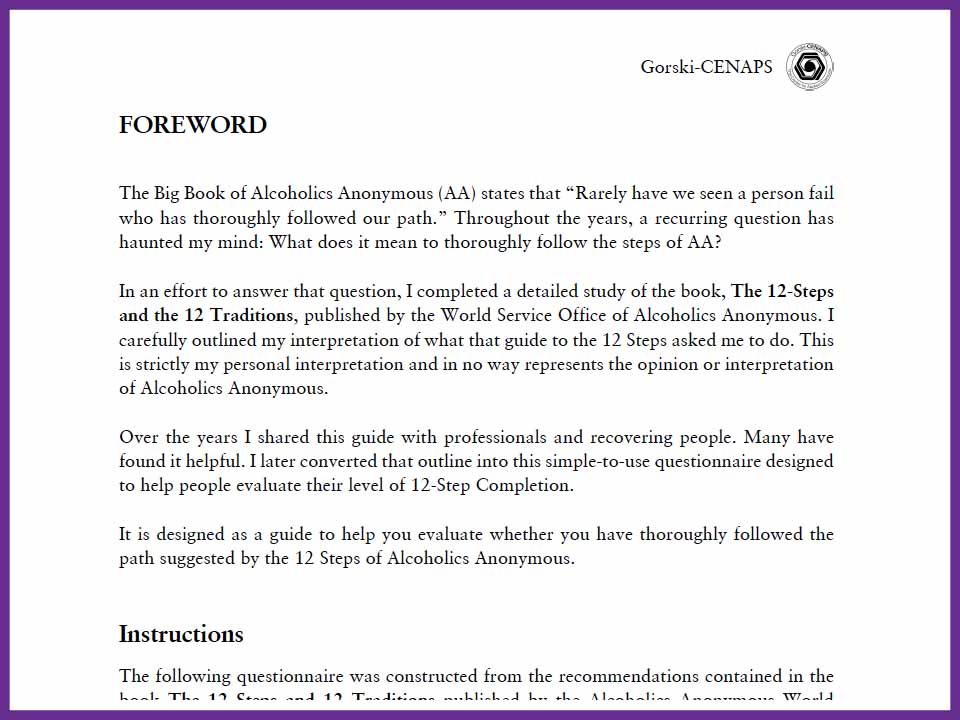 Questionnaire of Twelve Step Completion